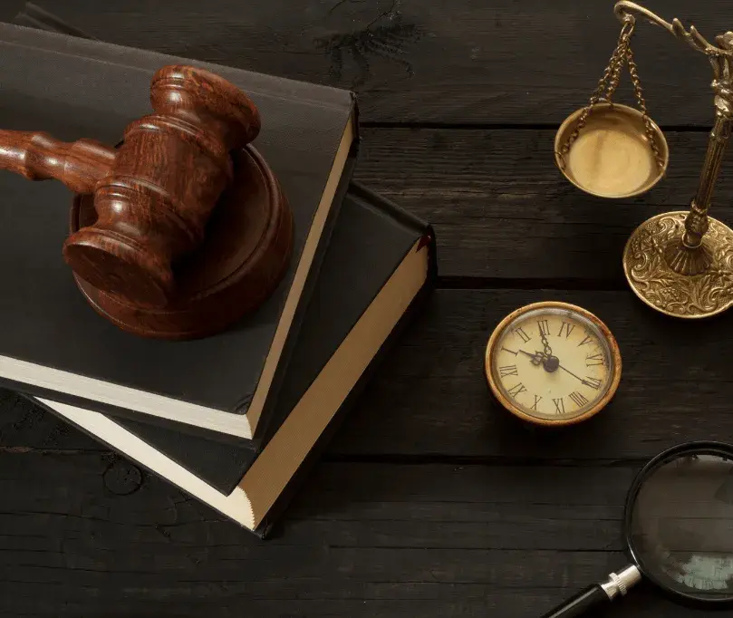 Balance de la justice, marteau et horloge